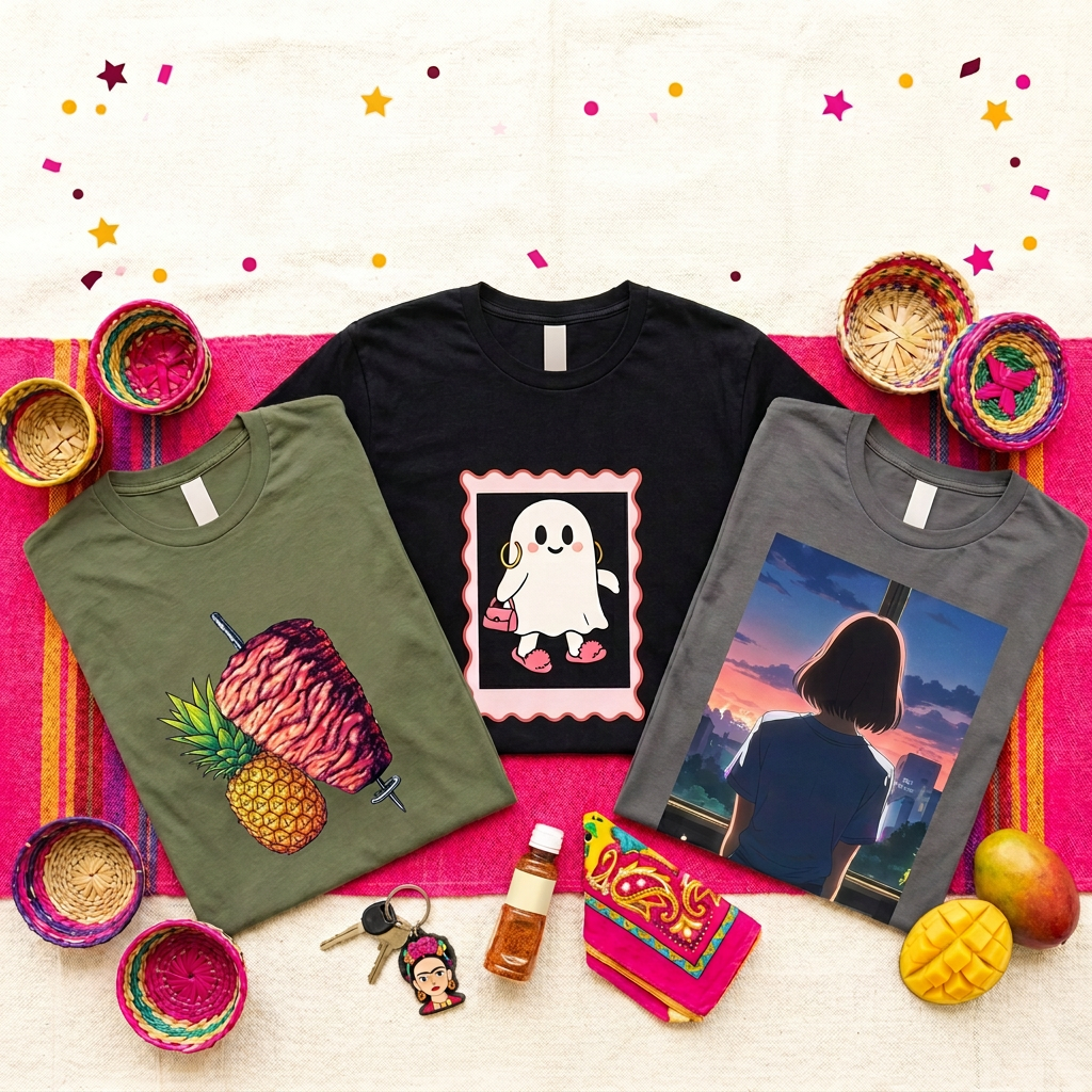 Three illustrated tees arranged on a pink woven textile with colorful Mexican-inspired accessories.