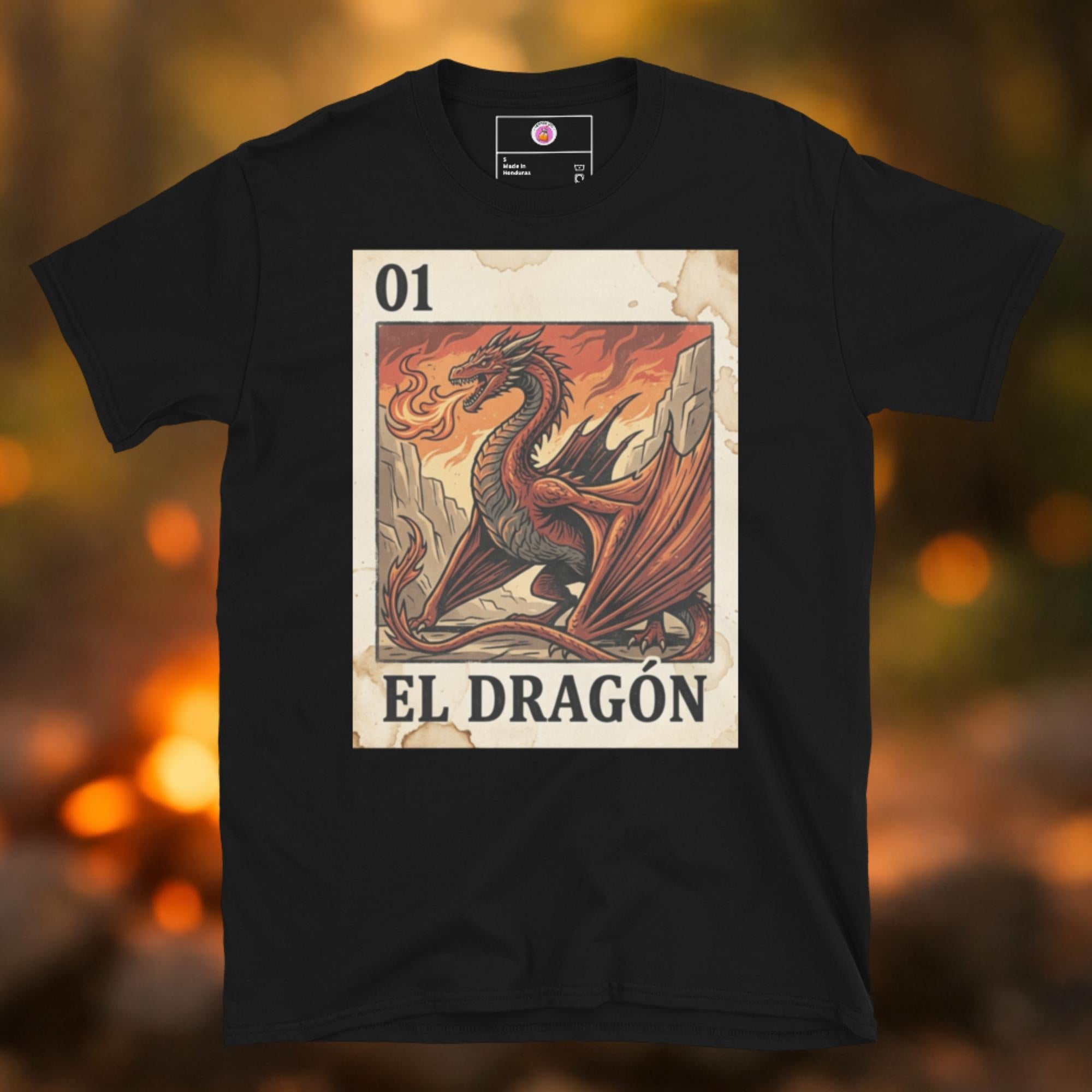 El Dragón Lotería black t-shirt, a Latino lotería and fantasy dragon parody tee from LesTeeCo