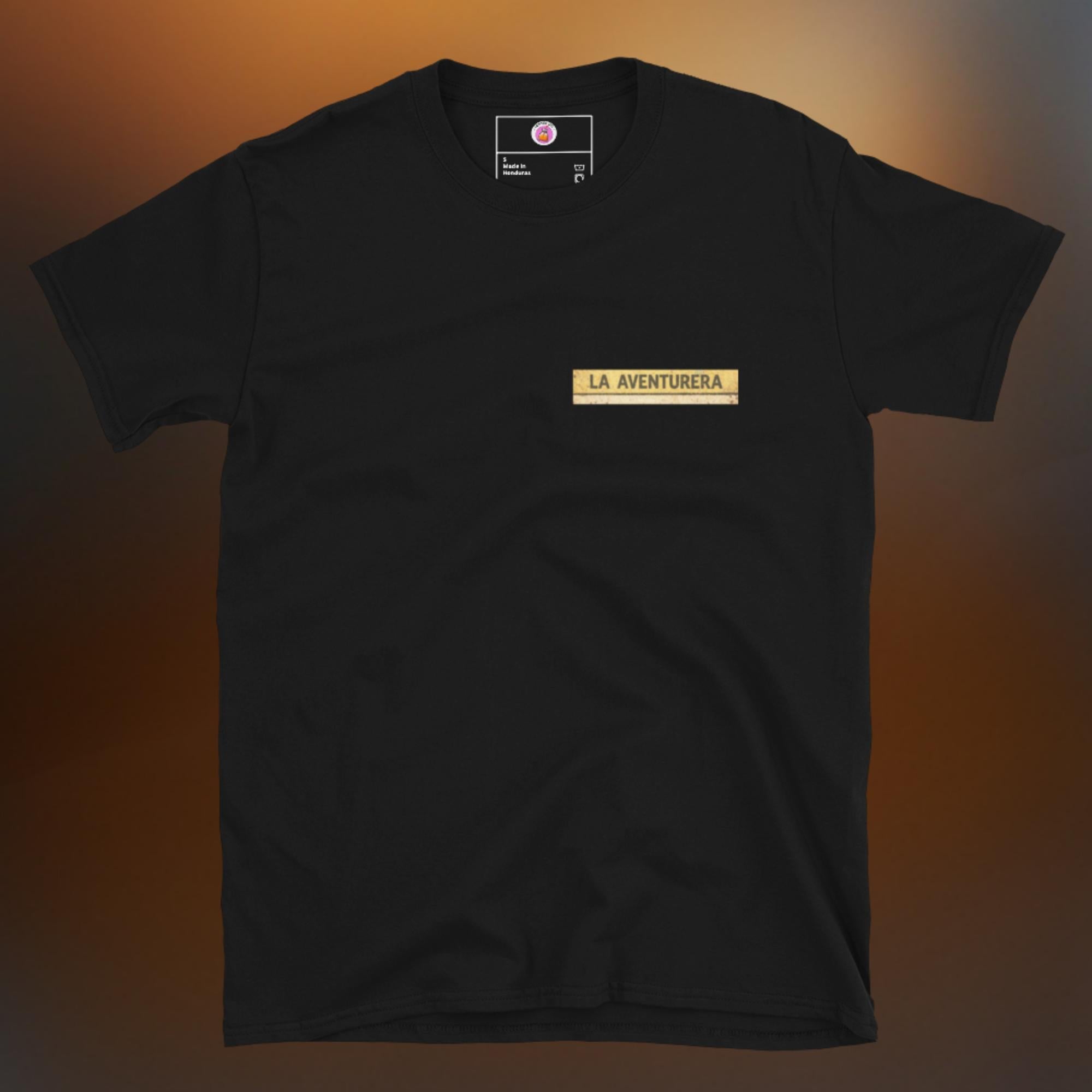 La Aventurera Lotería black t-shirt, a funny Mexican lotería cycling summer tee from LesTeeCo