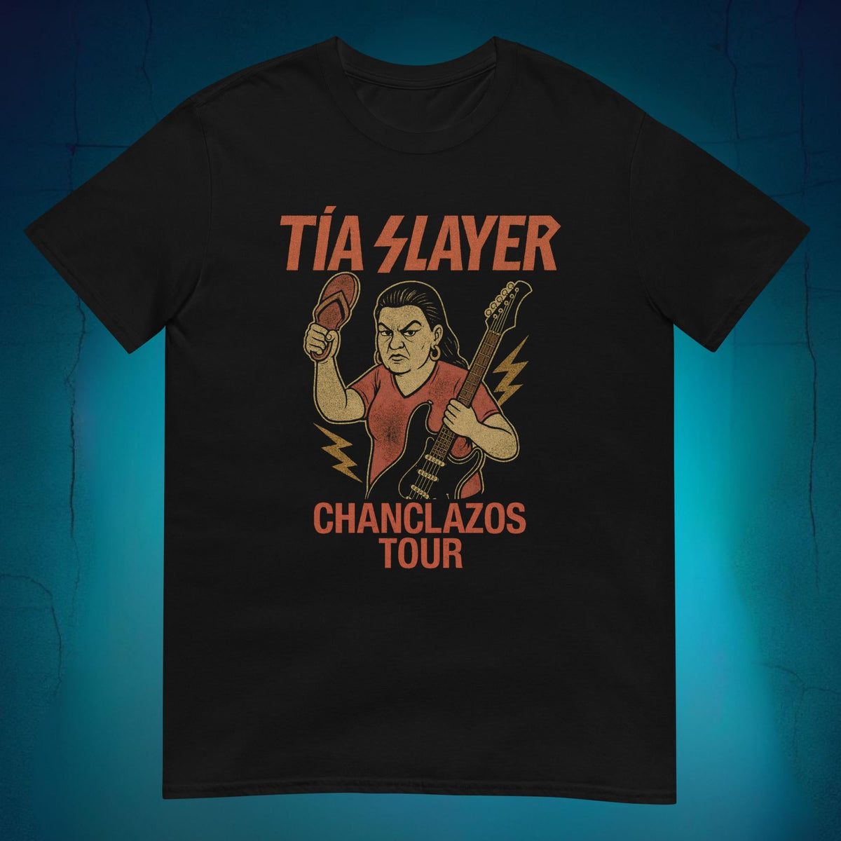 Tía Slayer Chanclazos Tour black t-shirt, a funny Mexican tía heavy metal tee from LesTeeCo