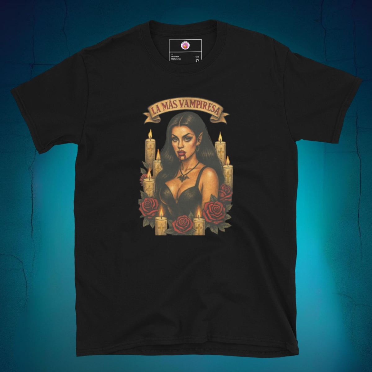La Más Vampiresa black t-shirt, a Latina vampire pinup goth Halloween tee from LesTeeCo