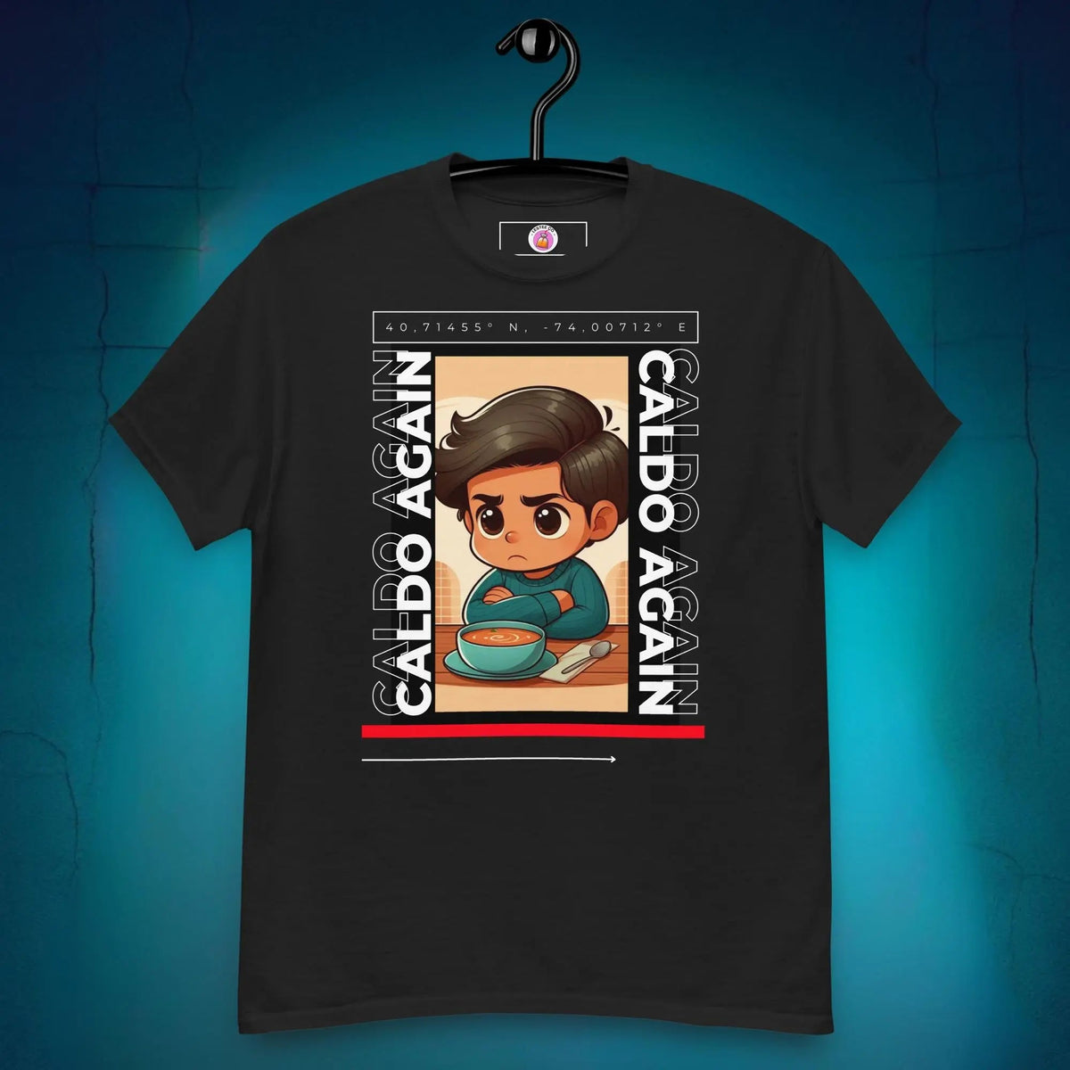 Caldo Again black t-shirt, a funny Mexican caldo de pollo soup tee from LesTeeCo