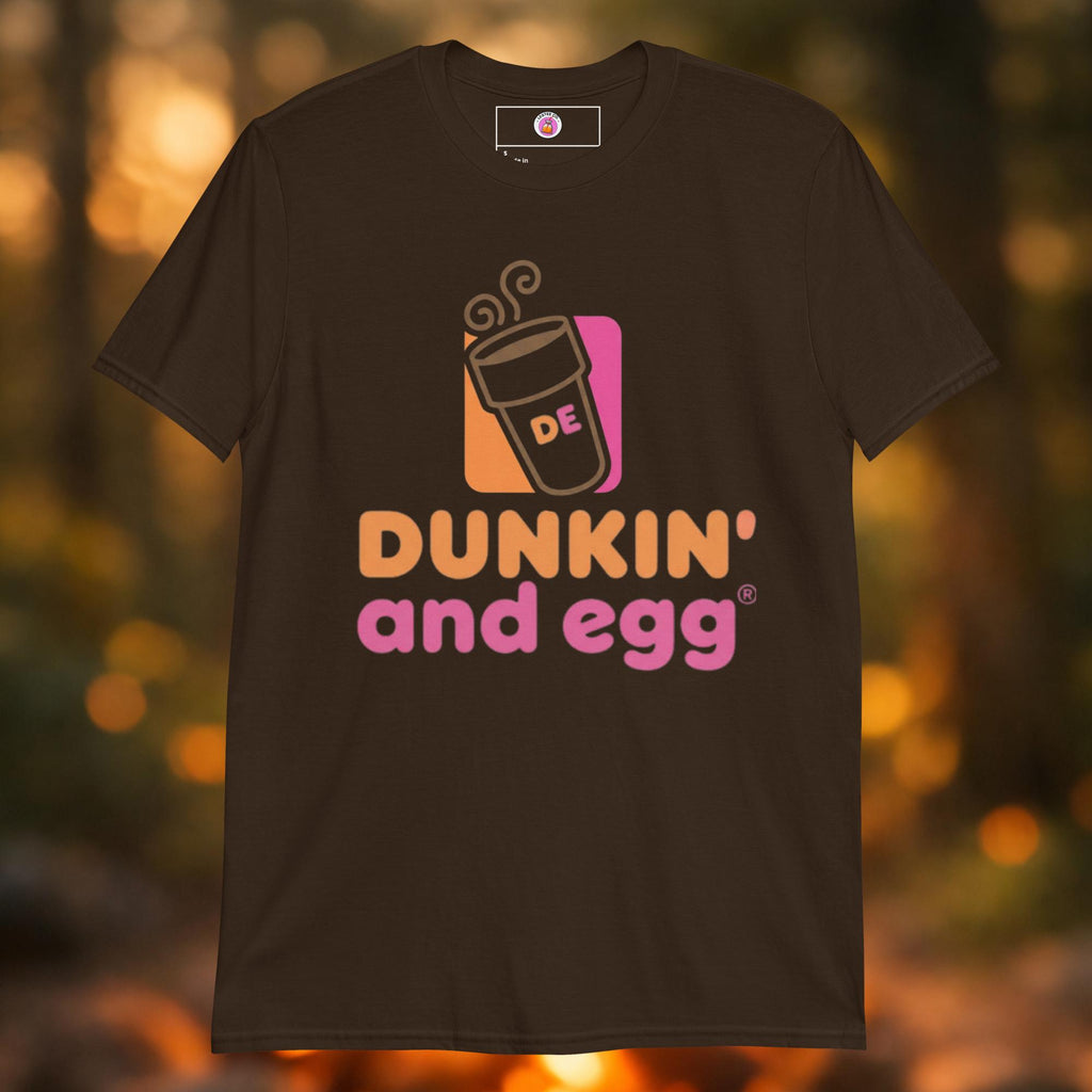 A pop-culture parody graphic tee featuring a classic pink and orange coffee logo that reads "Dunkin' and Egg" with a steaming coffee cup displaying the letters "DE," inspired by House of the Dragon, Game of Thrones, and Knight of the Seven Kingdoms.