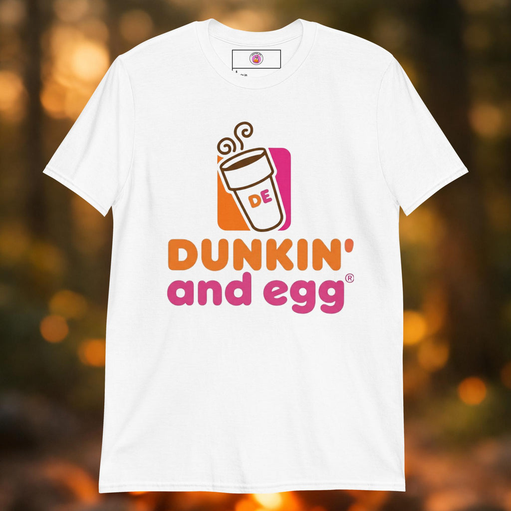A pop-culture parody graphic tee featuring a classic pink and orange coffee logo that reads "Dunkin' and Egg" with a steaming coffee cup displaying the letters "DE," inspired by House of the Dragon, Game of Thrones, and Knight of the Seven Kingdoms.