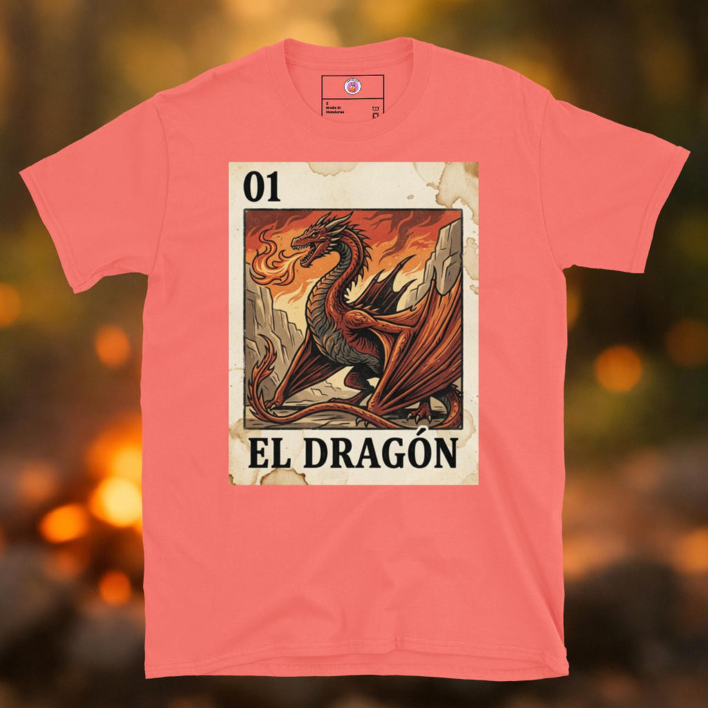 Latino apparel graphic tee featuring a red dragon in a traditional Mexican Loteria or Tarot card template labeled "EL DRAGÓN," inspired by House of the Dragon, Game of Thrones, and Knight of the Seven Kingdoms.