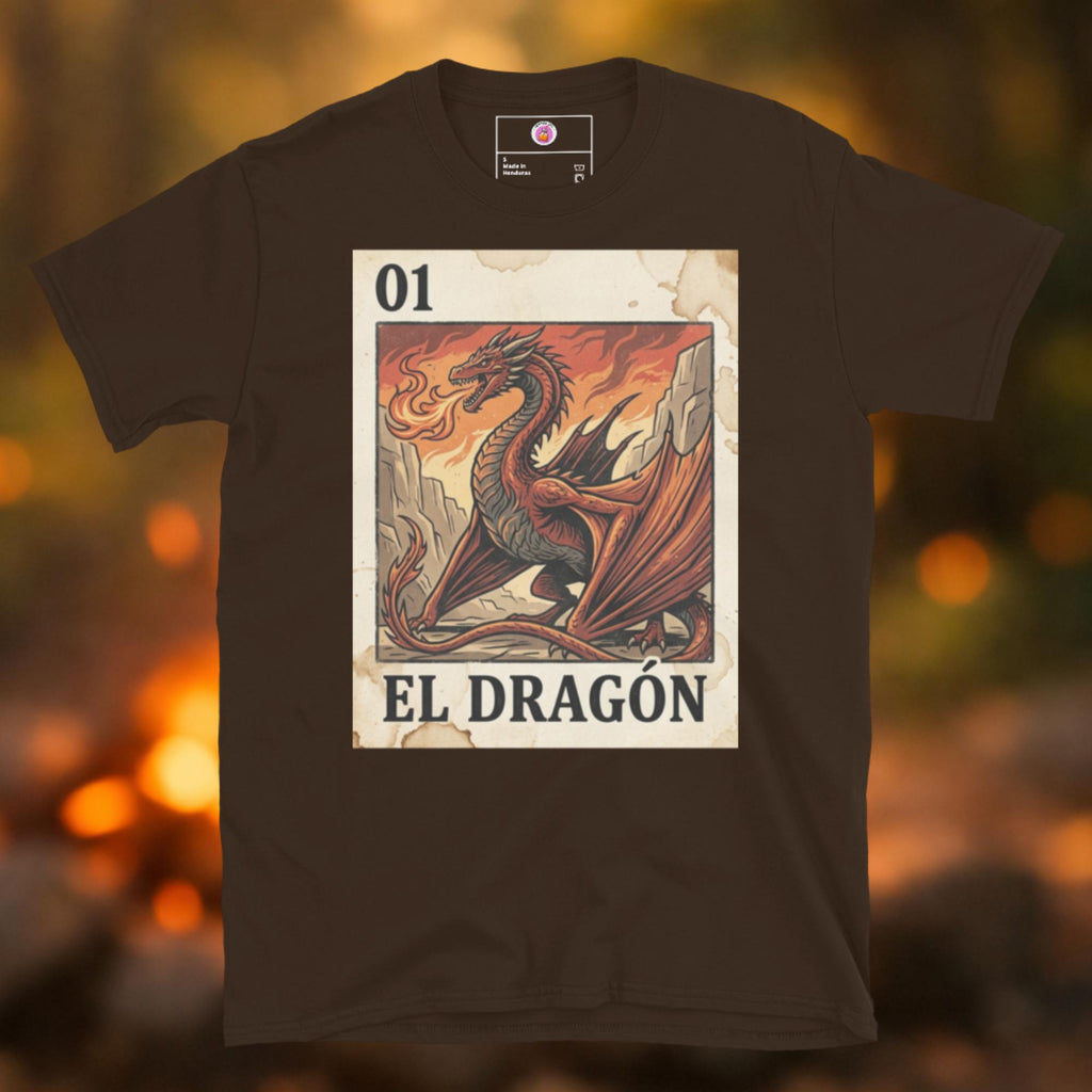 Latino apparel graphic tee featuring a red dragon in a traditional Mexican Loteria or Tarot card template labeled "EL DRAGÓN," inspired by House of the Dragon, Game of Thrones, and Knight of the Seven Kingdoms.
