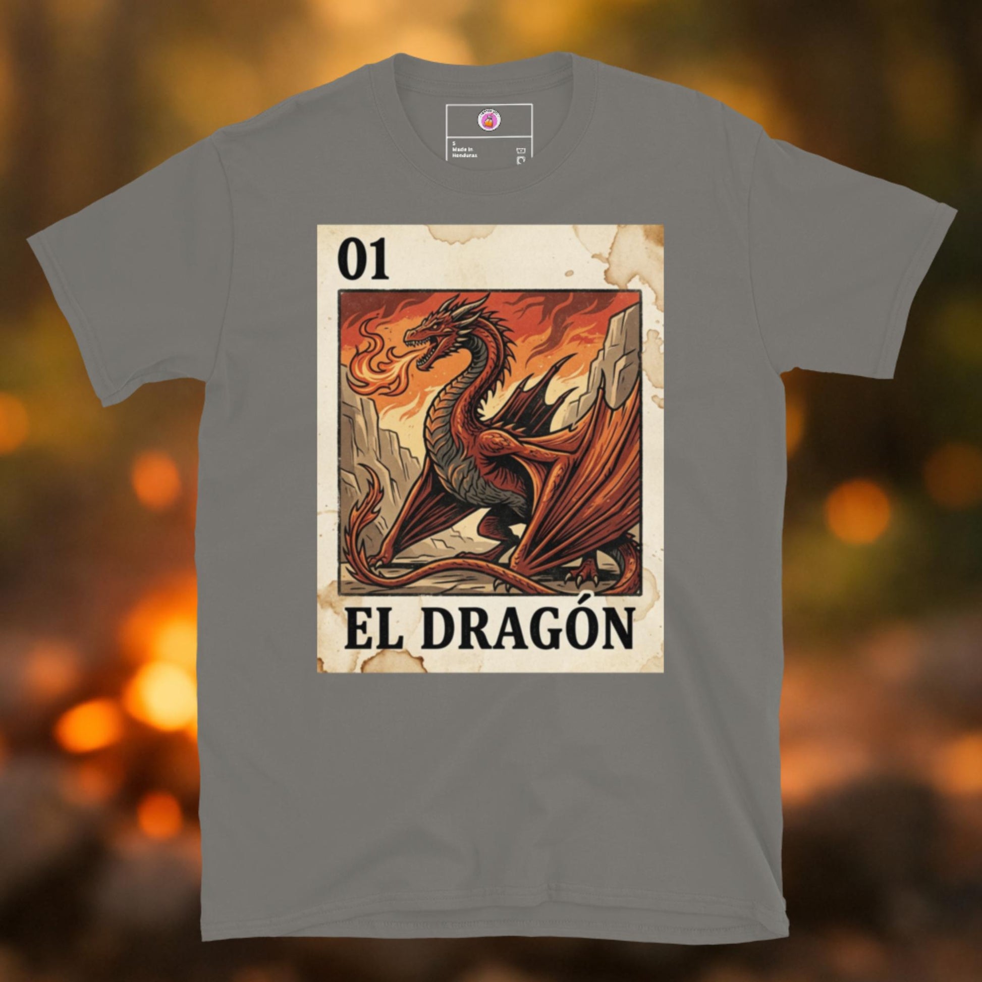 Latino apparel graphic tee featuring a red dragon in a traditional Mexican Loteria or Tarot card template labeled "EL DRAGÓN," inspired by House of the Dragon, Game of Thrones, and Knight of the Seven Kingdoms.