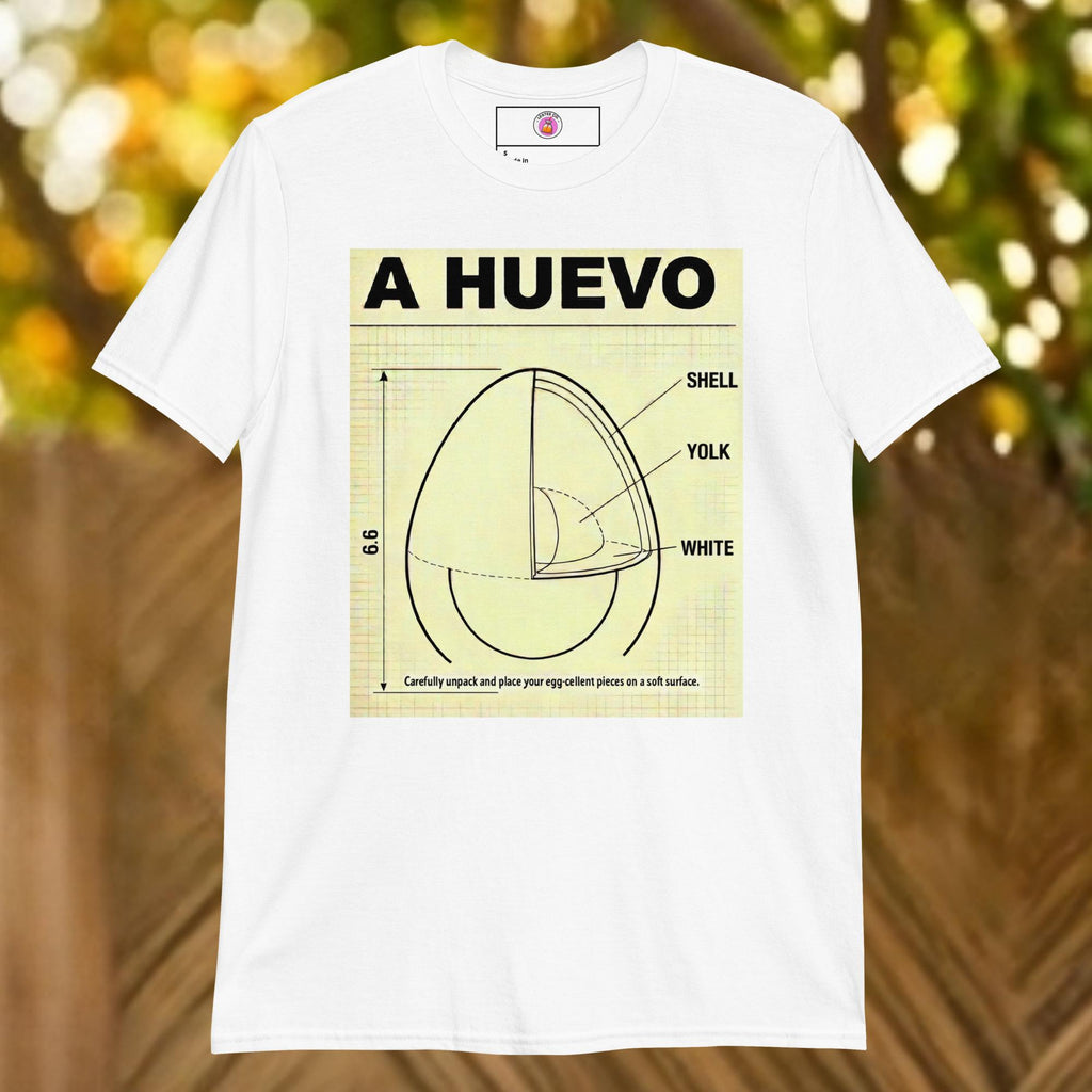 A minimalist Scandinavian furniture instruction manual parody graphic tee showing a technical diagram of an egg labeled "HUEVO" at the top in a bold sans-serif font, blending Latino slang with minimalist furniture instructions.