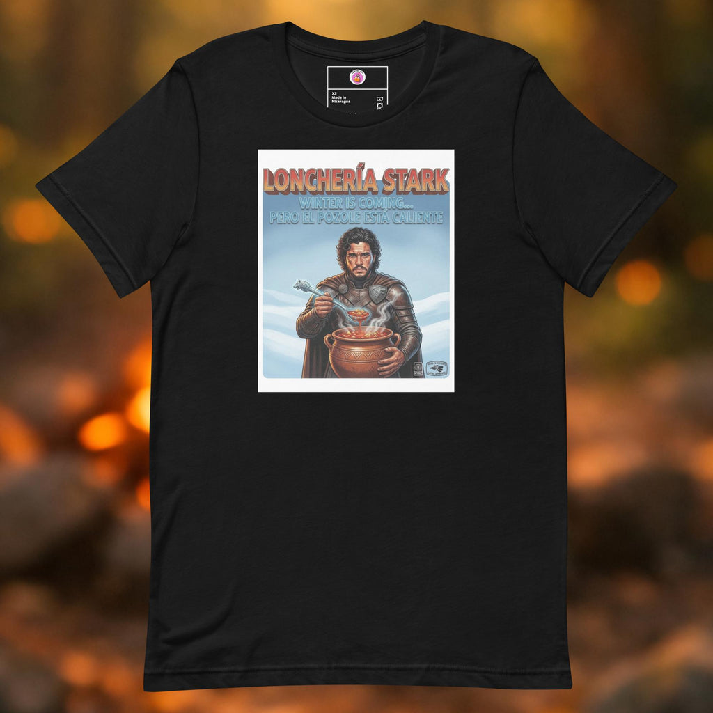 Lonchería Stark graphic t-shirt featuring a Game of Thrones parody design on a black cotton tee