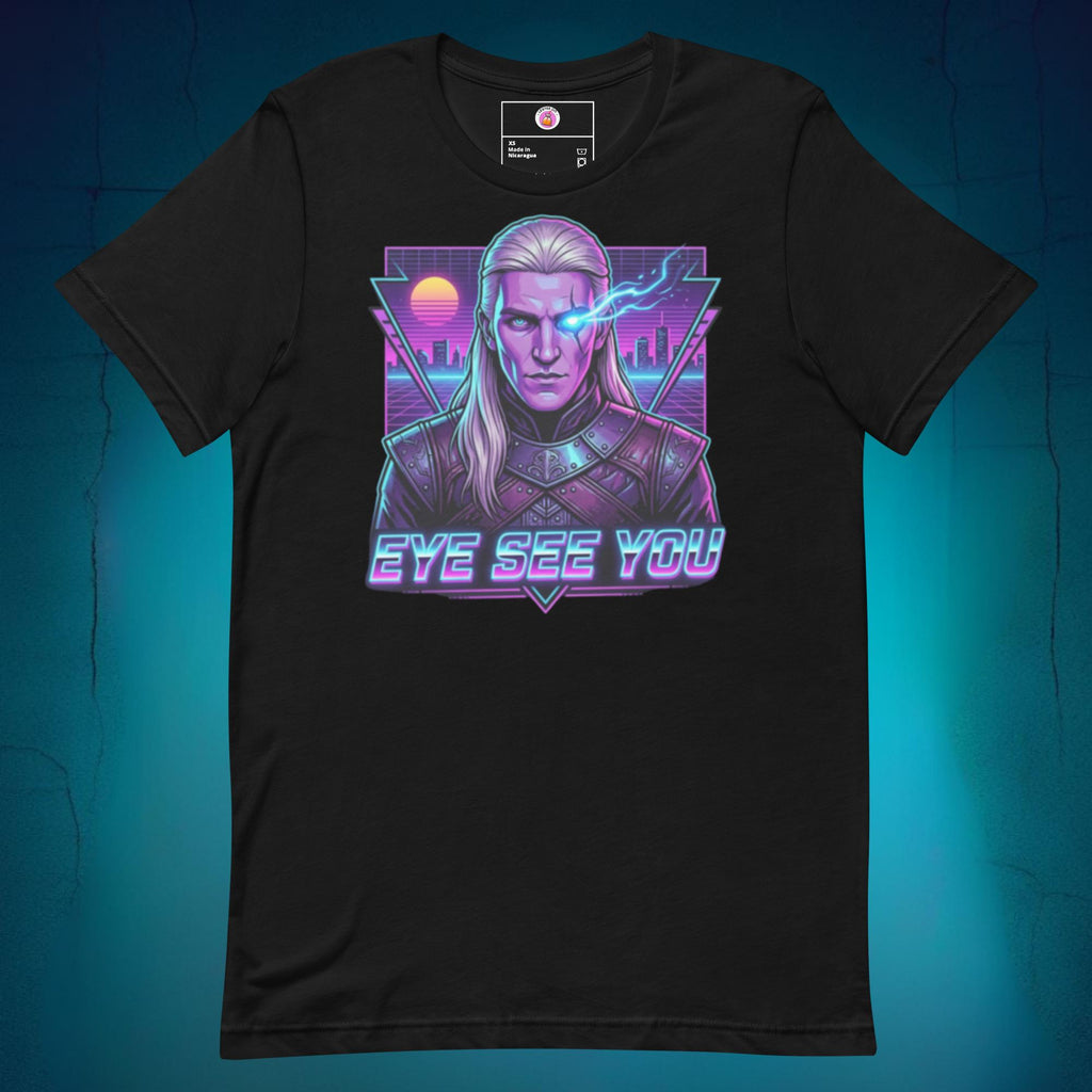 Vibrant graphic t-shirt featuring an anime-style illustration of Aemond Targaryen with his sapphire eye patch on a bright yellow background, with neon pink and blue retro text reading "Eye See You" for a funny Latino pop culture crossover.