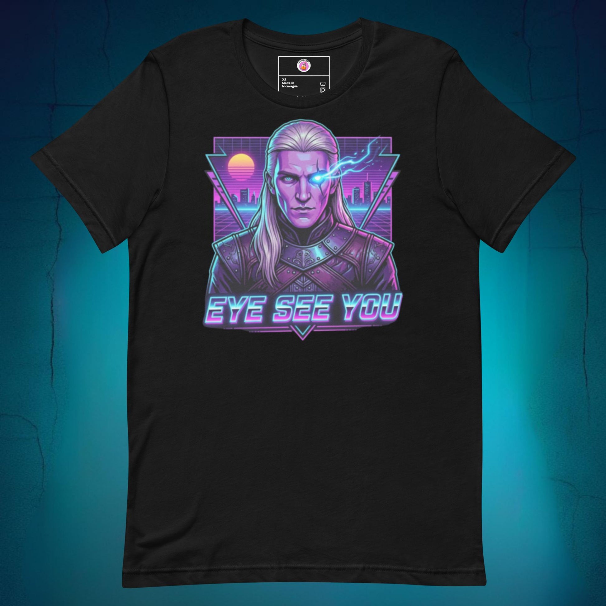 Vibrant graphic t-shirt featuring an anime-style illustration of Aemond Targaryen with his sapphire eye patch on a bright yellow background, with neon pink and blue retro text reading "Eye See You" for a funny Latino pop culture crossover.
