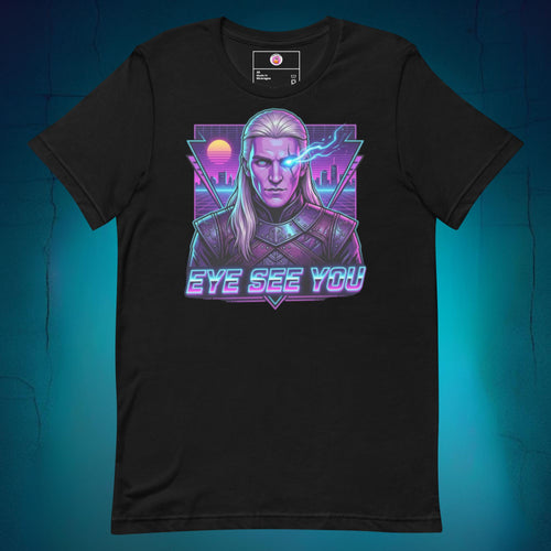 Vibrant graphic t-shirt featuring an anime-style illustration of Aemond Targaryen with his sapphire eye patch on a bright yellow background, with neon pink and blue retro text reading "Eye See You" for a funny Latino pop culture crossover.