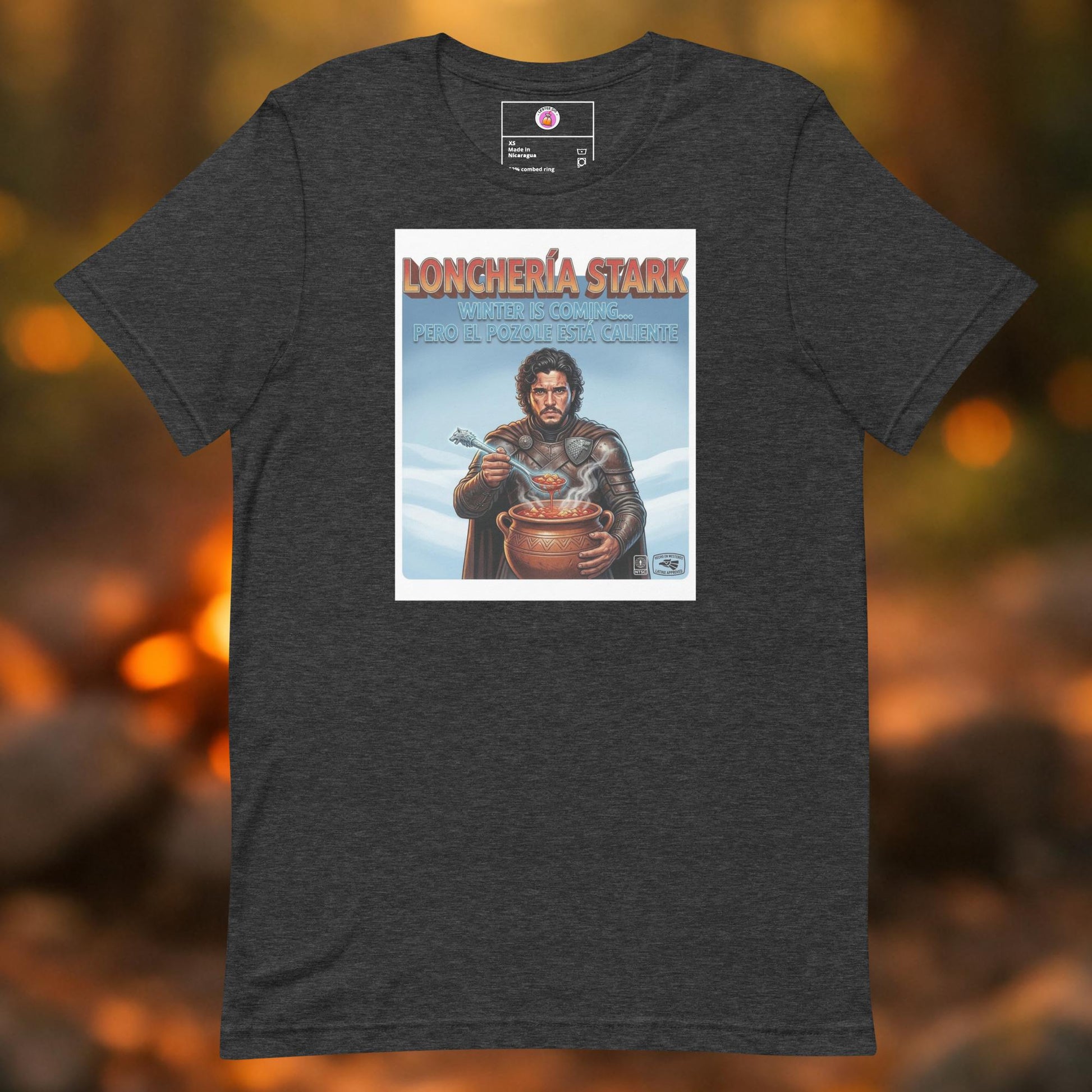 Lonchería Stark graphic t-shirt featuring a Game of Thrones parody design on a black cotton tee