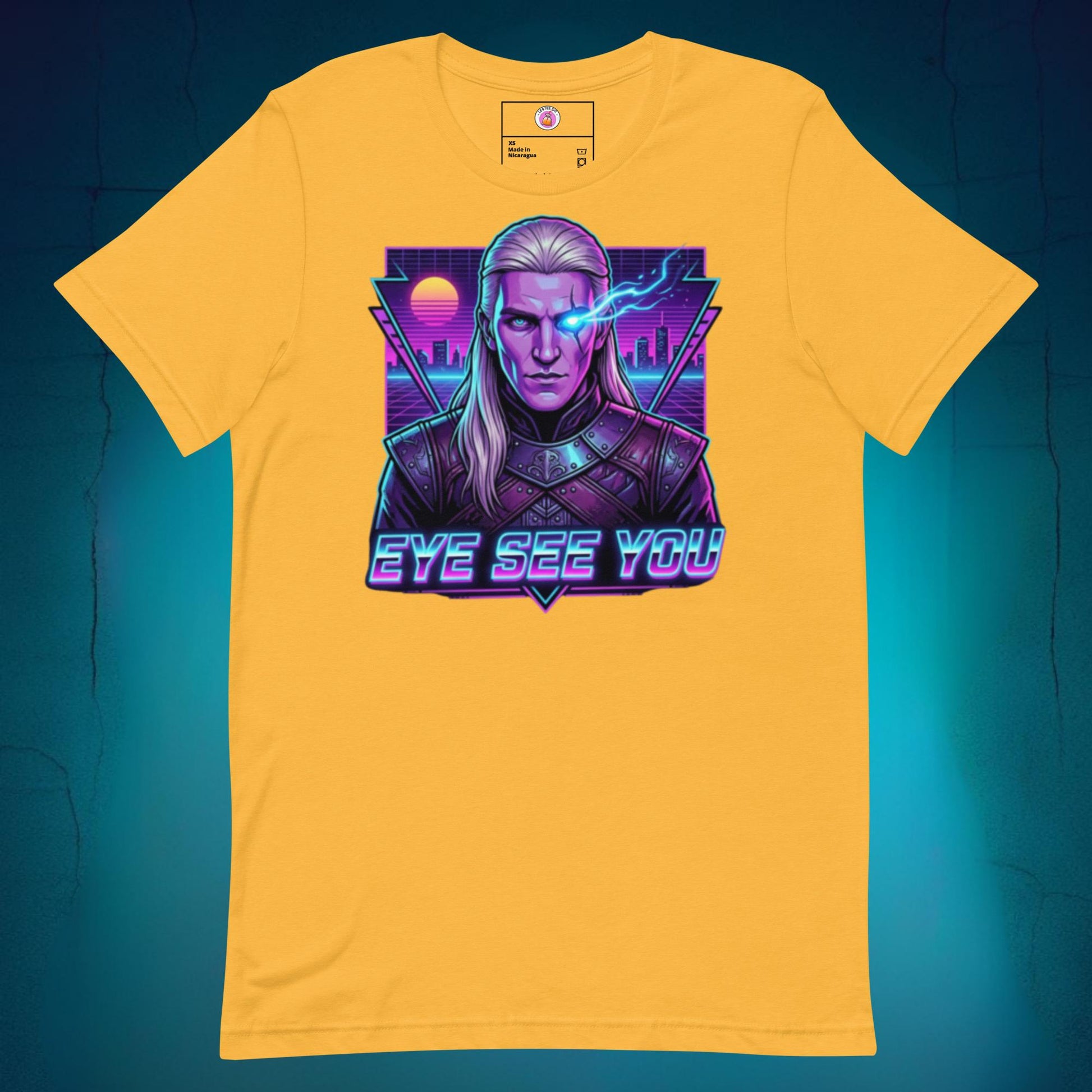 Vibrant graphic t-shirt featuring an anime-style illustration of Aemond Targaryen with his sapphire eye patch on a bright yellow background, with neon pink and blue retro text reading "Eye See You" for a funny Latino pop culture crossover.