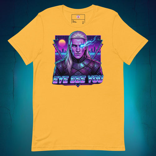 Vibrant graphic t-shirt featuring an anime-style illustration of Aemond Targaryen with his sapphire eye patch on a bright yellow background, with neon pink and blue retro text reading "Eye See You" for a funny Latino pop culture crossover.