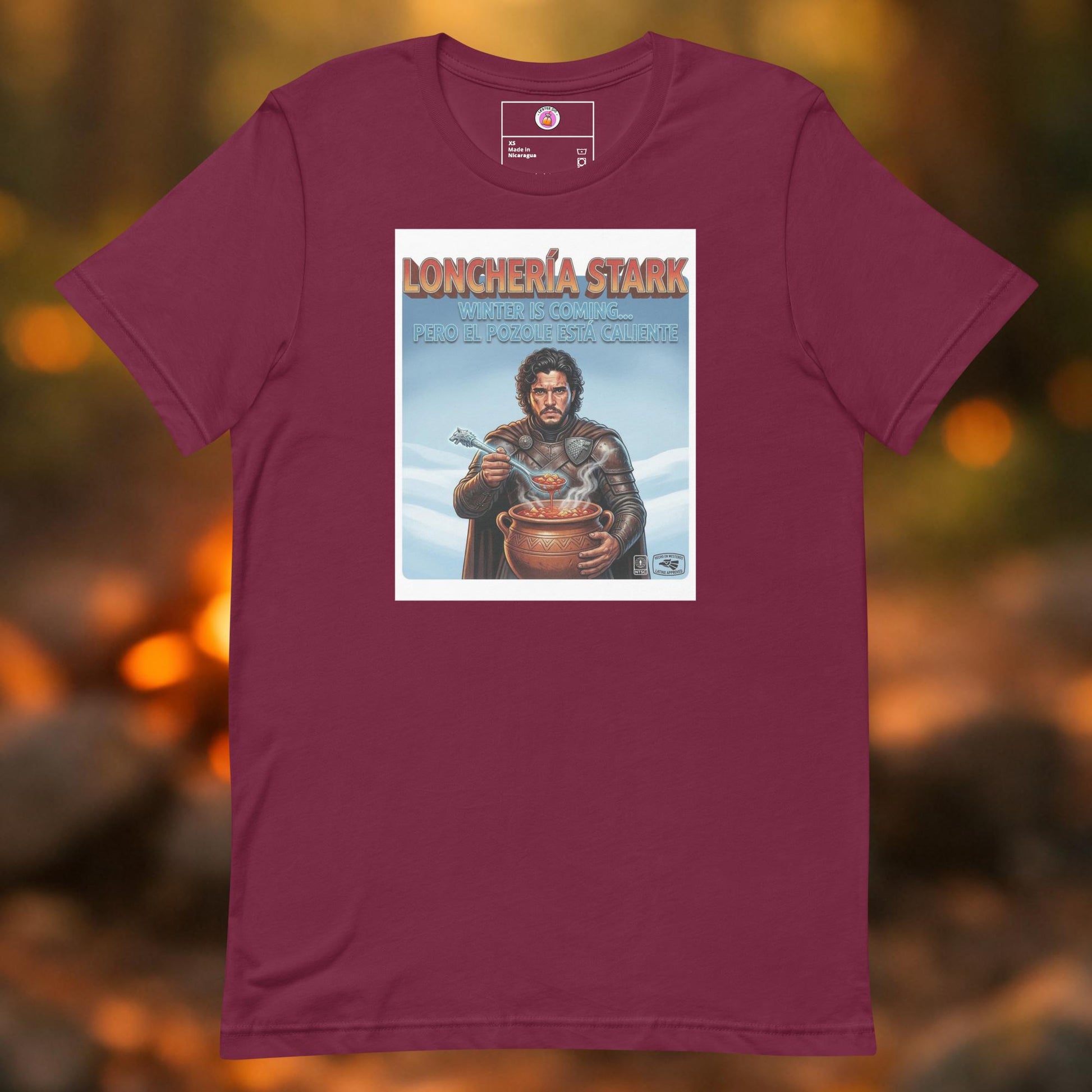 Lonchería Stark graphic t-shirt featuring a Game of Thrones parody design on a black cotton tee