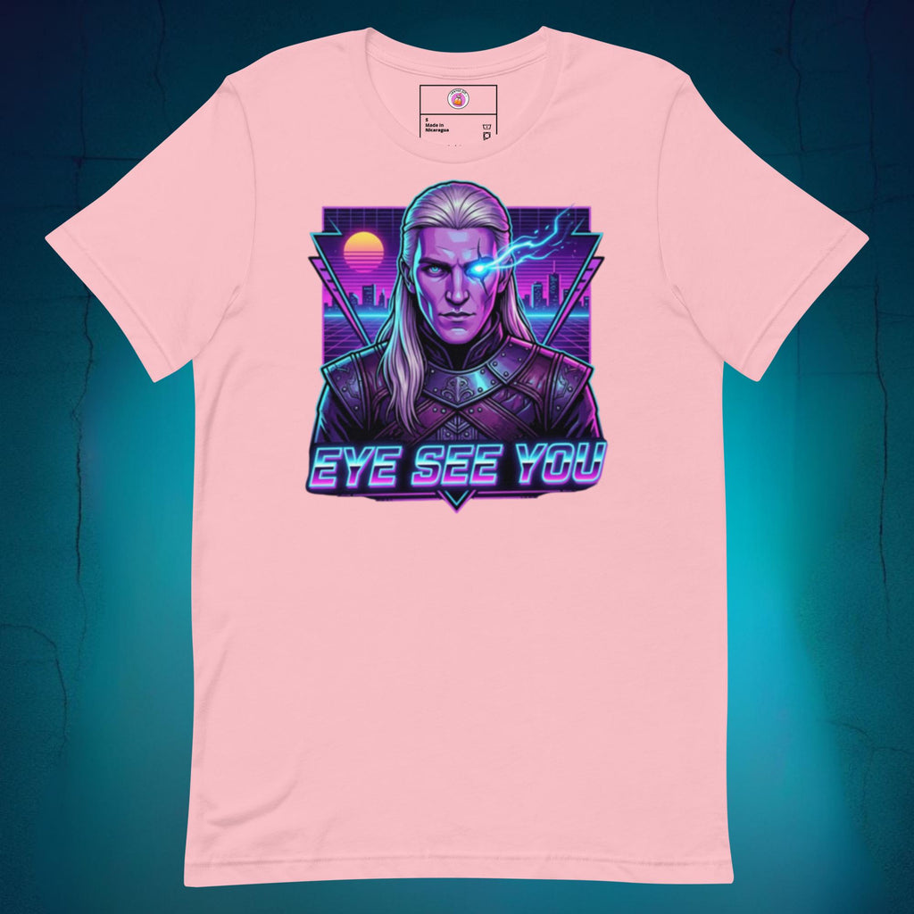 Vibrant graphic t-shirt featuring an anime-style illustration of Aemond Targaryen with his sapphire eye patch on a bright yellow background, with neon pink and blue retro text reading "Eye See You" for a funny Latino pop culture crossover.