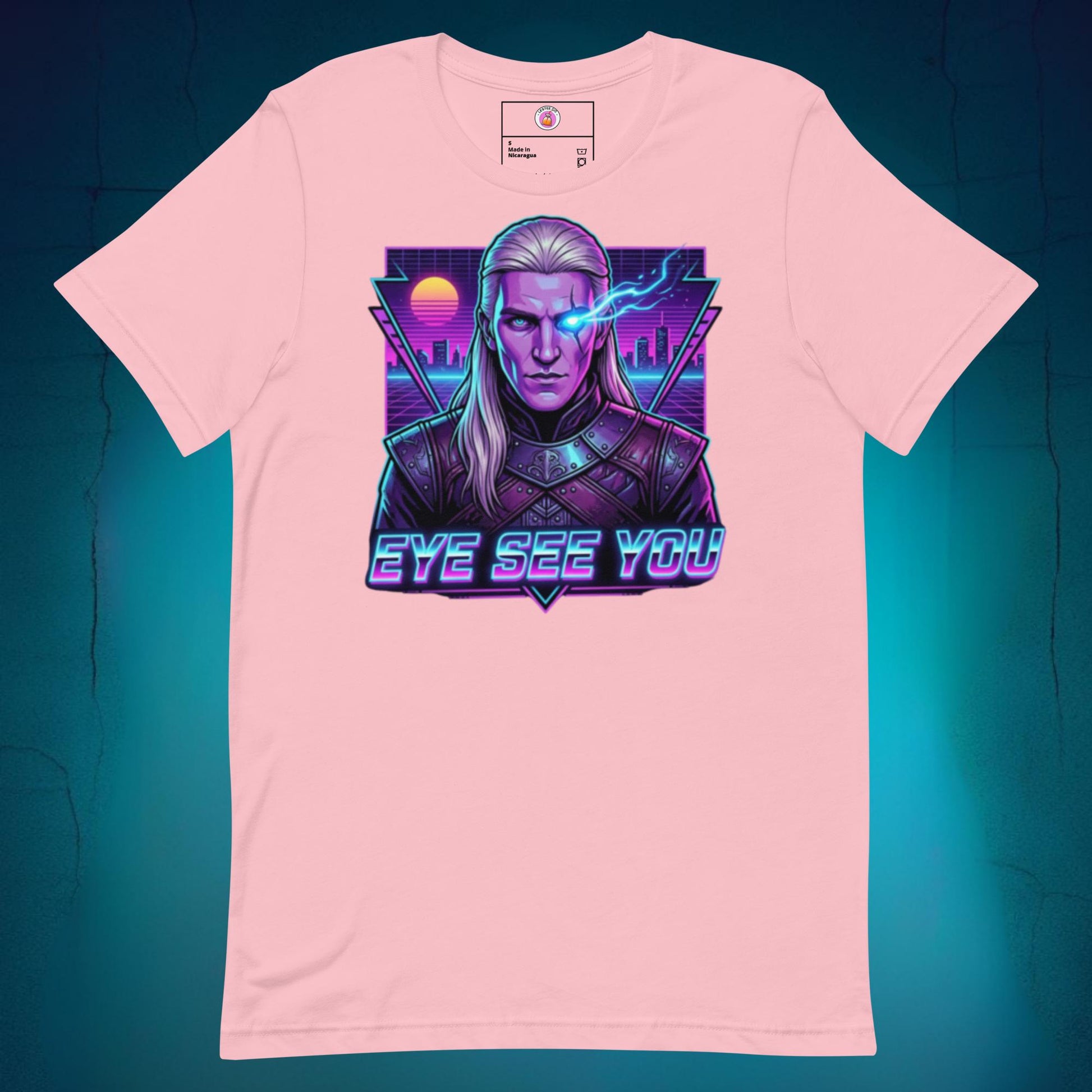 Vibrant graphic t-shirt featuring an anime-style illustration of Aemond Targaryen with his sapphire eye patch on a bright yellow background, with neon pink and blue retro text reading "Eye See You" for a funny Latino pop culture crossover.