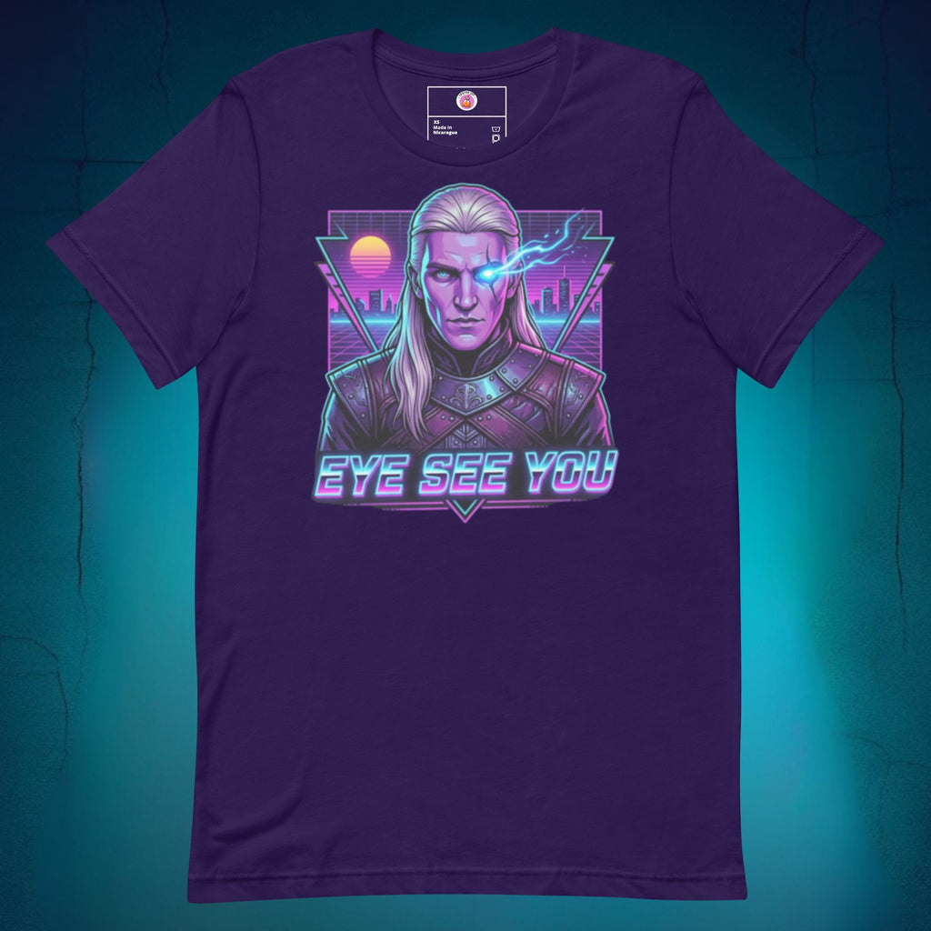 Vibrant graphic t-shirt featuring an anime-style illustration of Aemond Targaryen with his sapphire eye patch on a bright yellow background, with neon pink and blue retro text reading "Eye See You" for a funny Latino pop culture crossover.
