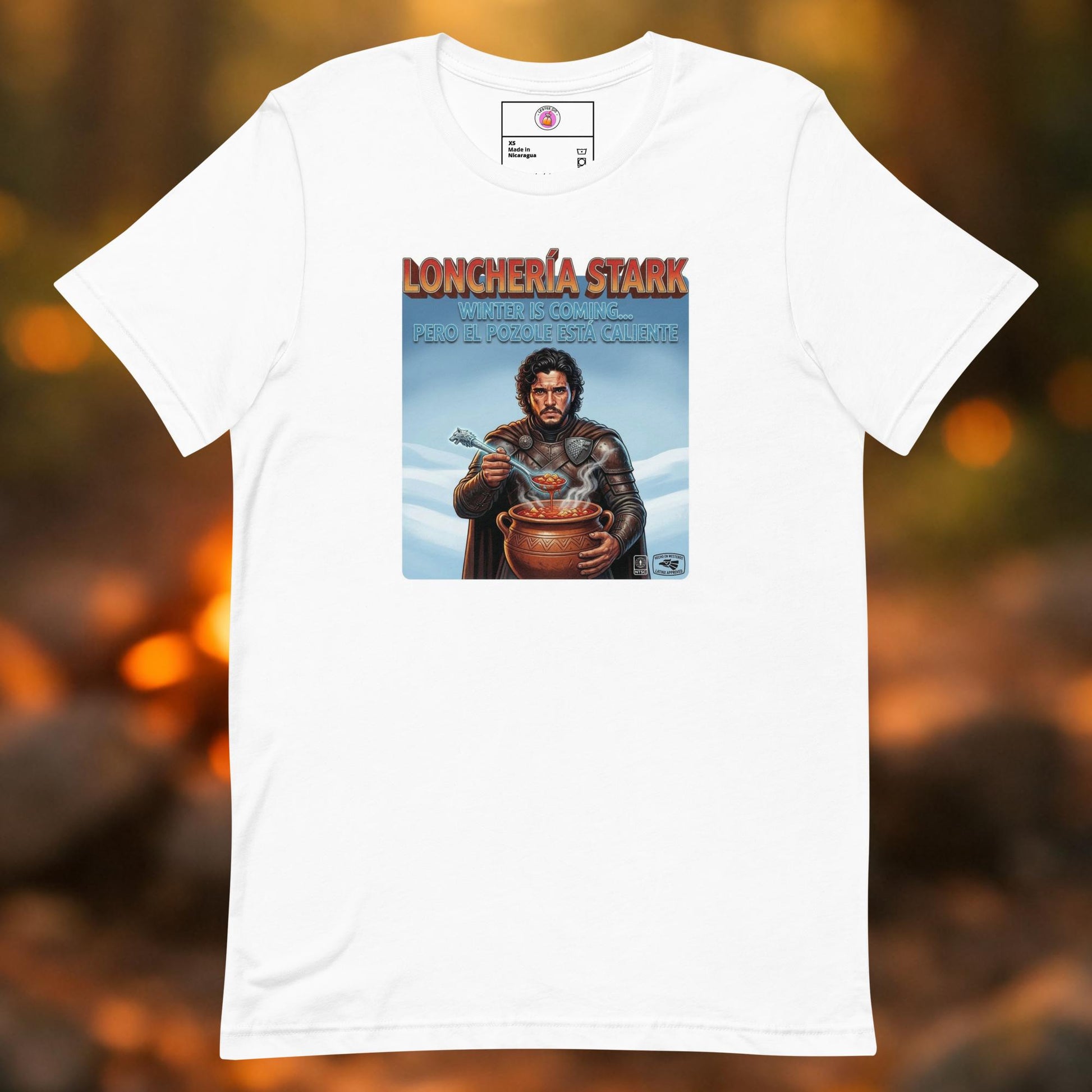 Lonchería Stark graphic t-shirt featuring a Game of Thrones parody design on a black cotton tee