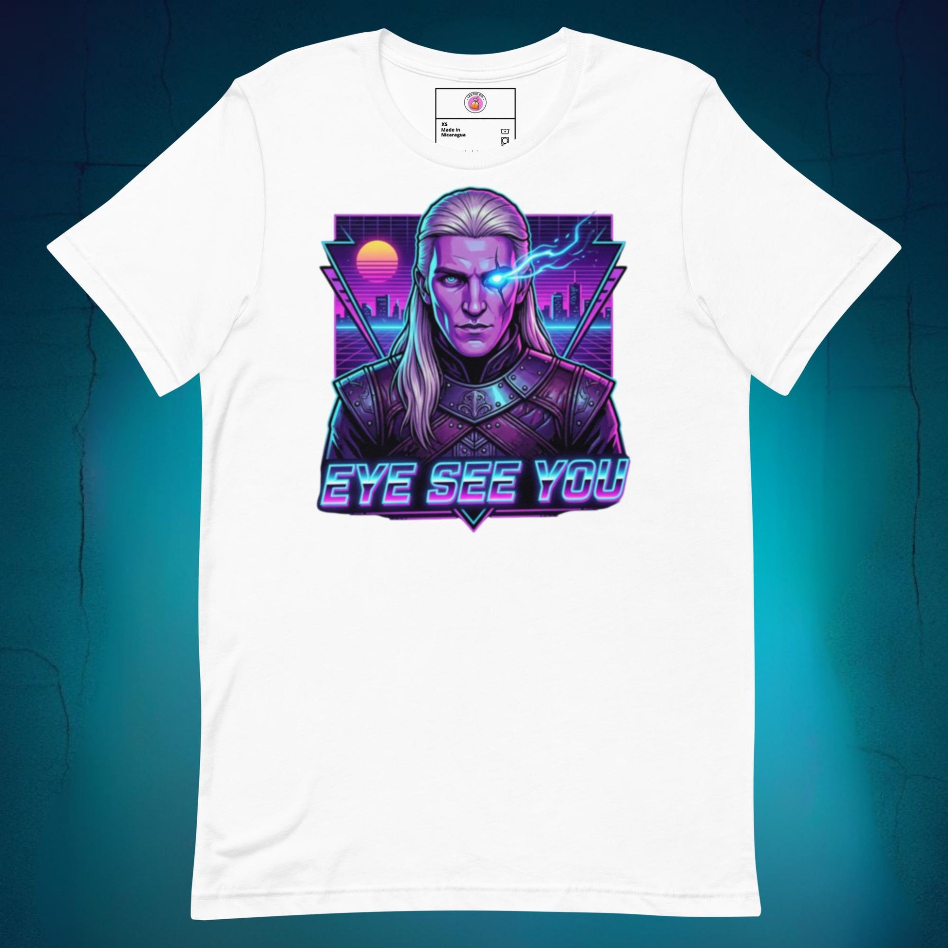 Vibrant graphic t-shirt featuring an anime-style illustration of Aemond Targaryen with his sapphire eye patch on a bright yellow background, with neon pink and blue retro text reading "Eye See You" for a funny Latino pop culture crossover.